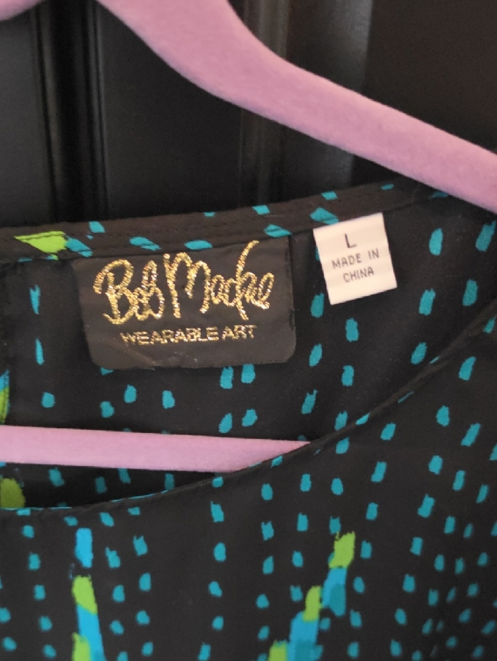 Bob Mackie Black Top with Turquoise & Lime Abstract Waves - Picture 3 of 4